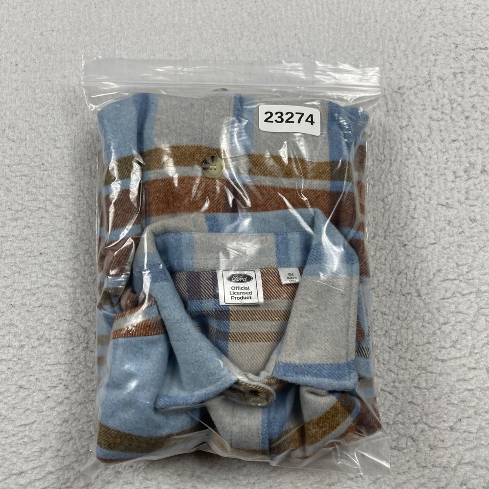 Ford Bronco Flannel Shirt Womens Small Blue Brown Plaid Graphic Back Shacket - Picture 12 of 12